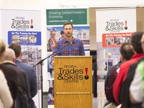 Jason Bien, a graduate of the Regina Trades and Skills Centre, speaks at the centre's 10-year anniversary celebrations.