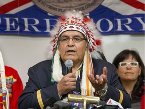 Chief Wallace Fox hosting a new conference to discuss the court case appealing the federal government's law on financial disclosure, August 20, 2015. He says his community is working with RCMP and other communities in the area to form a unified front against gang activity.