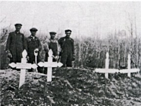 The four drowning victims were buried on the east shore of Lake Waskesiu in 1928. (Waskesiu Memories, V. 3)
