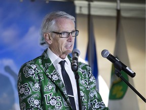 University of Saskatchewan President Peter Stoicheff speaks before a crowd behind the Field House as part of a ceremony on April 28, 2017 to celebrate the beginning of construction of Merlis Belsher Place, which is scheduled to open in November 2018. Stoicheff says the arena will have positive repercussions for the university and the city.