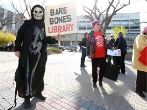 Protesters voice their opposition to restructuring plans at the Saskatoon Public Library during a protest at city hall in October. (MICHELLE BERG/The StarPhoenix)