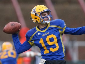 Saskatoon Hilltops' Jordan Walls eyes up his pass during the Prairie Football Conference final against Regina Thunder at SMF Field in Saskatoon on October 22, 2017.