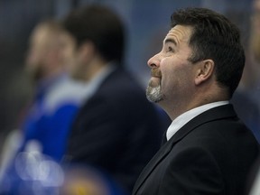 SASKATOON,SK--OCTOBER 24/2017-1025 Sports Blades- Saskatoon Blades head coach Dean Brockman looks on as he team takes on the Victoria Royals during first period WHL action in Saskatoon, SK on Tuesday, October 24, 2017. (Saskatoon StarPhoenix/Liam Richards)
Liam Richards, Saskatoon StarPhoenix