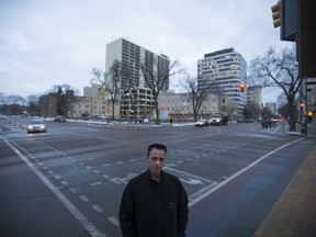 City Councillor Troy Davies stands for a portrait outside on the corner of 23rd and 4th where exists a contentious bike lane in Saskatoon, Sask. on Wednesday, November 1, 2017. At a City Council meeting on Monday, Davies brought forward an amendment that would have seen the bike lanes of 4th Ave. removed as soon as weather permits. The motion had support from three other councillors, but was ultimately defeated.