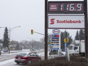 Gas price have risen, as seen in signage at gas stations at the intersection of Eighth Street East and Clarence Avenue in Saskatoon on Friday, Nov. 3, 2017.