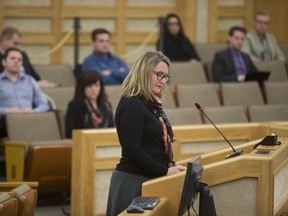 Lisa Kalesnikoff urges city council to reject plans for a seven-storey condominium tower in the Nutana neighbourhood at a public hearing meeting in city council chamber in Saskatoon, SK on Monday, November 20, 2017. (KAYLE NEIS/The StarPhoenix)