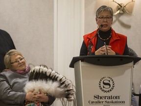 Senator Lillian Dyck speaks during the opening ceremonies for the Murdered and Missing Indigenous Women and Girls inquiry at the Sheraton Cavalier in Saskatoon, November 20, 2017.