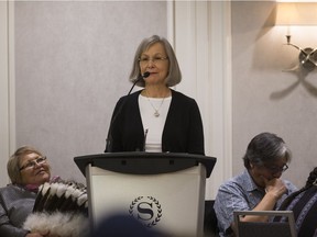 Chief Commissioner Marion Buller speaks during the opening ceremonies for the Missing and Murdered Indigenous Women and Girls national inquiry at the Sheraton Cavalier in Saskatoon, on Nov. 20, 2017.