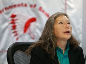 Constance Dubois, grandmother of 14-year-old Haven Dubois, who was found dead in a ravine east of Regina in May 2015, raises concerns about how the coroner's office handled its investigation into the death at a news conference in Saskatoon on November 20, 2017. (Michelle Berg / Saskatoon StarPhoenix)