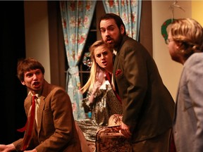 Matthew Wiwchar, Kaelee Dyck and Jimmy Mayo shush Kyler Bueckert during a scene from Greystone Theatre's production of Season's Greetings.