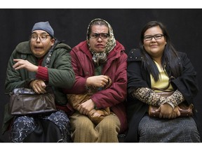 Mitchell Poundmaker, Cory Dallas Standing and Allana Dorian in Gordon Tootoosis Nikaniwin Theatre's production of Vegas Vacation - A Rez Christmas Story.