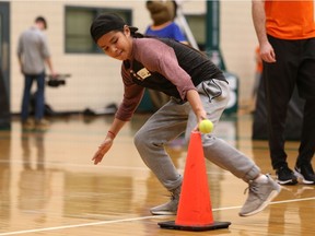 Cole Rabbitskin trains during the first day of a new Indigenous youth athlete program called the Leadership Through Sports Program hosted by the College of Kinesiology, Huskie Athletics and the University of Saskatchewan at the PAC in Saskatoon on November 26, 2017. (Michelle Berg / Saskatoon StarPhoenix)
Michelle Berg, Saskatoon StarPhoenix