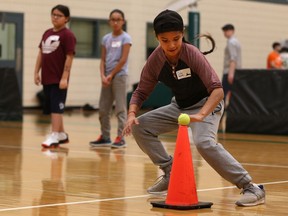 Cole Rabbitskin trains during the Leadership Through Sports Program, held Sunday at the PAC.
