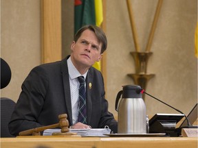 Mayor Charlie Clark looks up to a screen during the City Budget deliberations at City council chamber in Saskatoon, SK on Monday, November 27, 2017. (Saskatoon StarPhoenix/Kayle Neis)