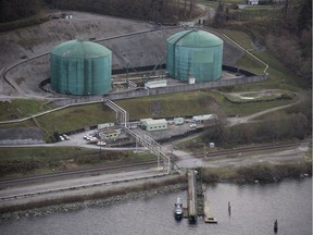 Kinder Morgan Trans Mountain Expansion Project's Westeridge loading dock, at centre with green tanks, is seen in Burnaby, B.C., on Nov. 25, 2016.