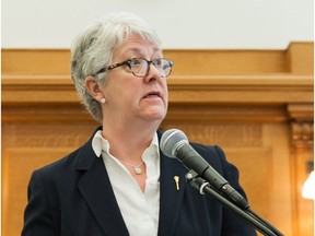 Cathy Sproule, Saskatchewan NDP finance critic, speaks to media during an embargoed news conference on provincial budget day at the Legislative Building in Regina, Saskatchewan on Wednesday June 1, 2016. THE CANADIAN PRESS/Michael Bell ORG XMIT: REG506