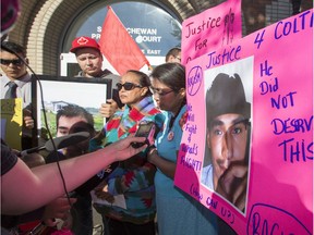 Colten Boushie's mother Debbie Boushie (L)  and Christine Denny speak to the media outside of North Battleford Provincial Court House where alleged shooter Gerald Stanley made a court appearance August 18, 2016.