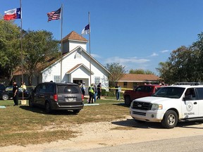 Emergency personnel respond to a fatal shooting at a Baptist church in Sutherland Springs, Texas, on Nov. 5.