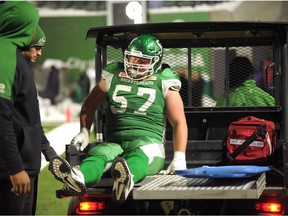 Saskatchewan Roughriders guard Brendon LaBatte left Saturday's game with an injury to his left leg.