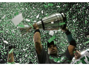 Kerry Joseph celebrates the Saskatchewan Roughriders' 2007 Grey Cup victory.