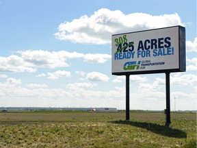 An electronic sign advertises land available for purchase at the Global Transportation Hub west of Regina on June 30, 2016.