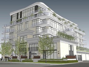 Meridian Development Corp. is proposing to build this seven-storey, 45-unit condominium tower on the corner of University Drive and 13th Street in Saskatoon's Nutana neighbourhood where the Faith Alive Family Church is currently located. (Meridian Development Corp.)
