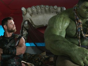 This image released by Marvel Studios shows Chris Hemsworth, left, and the Hulk in a scene from, "Thor: Ragnarok." (Marvel Studios via AP)
