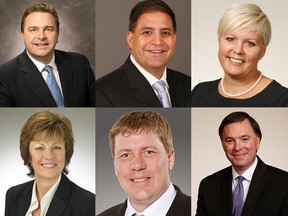 Sask. Party Leadership candidates Ken Cheveldayoff, clockwise from left, Rob Clarke, Tina Beaudry-Mellor, Alana Koch, Scott Moe and Gord Wyant.