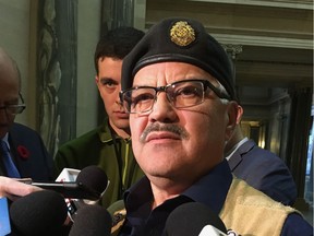 Retired reservist Rod Dignean speaks to the media in Regina on Thursday, Nov. 9, 2017. A retired reservist who served in Afghanistan says he's being denied the opportunity to buy back pension benefits from his regular teaching job. Rod Dignean took a one-year leave from his teaching position at a Saskatchewan school to deploy for a tour in Afghanistan with the Canadian Armed Forces in 2013.