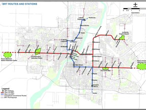 This map shows the preferred route for Saskatoon's proposed bus rapid transit system that is intended to transform the Saskatoon Transit system. (City of Saskatoon)