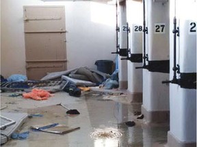 Photo of scattered debris from damaged cells in the corridor of Saskatchewan Penitentiary in Prince Albert in December 2016. Photo from the Office of the Correctional Investigator's 2016-17 annual report.