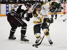 Humboldt Broncos hockey player Kaleb Dahlgren skates the puck up-ice during a recent game. Photo by AIGE Photography