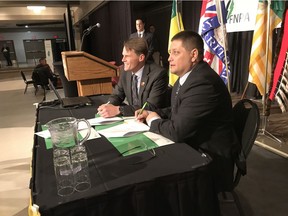 Saskatoon Mayor Charlie Clark and Chief of the Saskatoon Tribal Council Mark Arcand following the signing of memorandum of understanding at TCU Place in Saskatoon on Wednesday Nov. 15, 2017. The MOU is regarding the development of a power station at the Saskatoon Weir estimated to cost $60 - $65 Million.