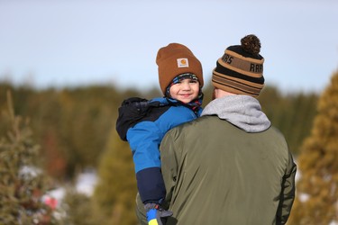 Theodore Allen smiles as his dad carries him in search for the perfect Christmas tree at Mason Tree Farm.