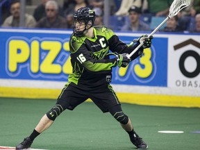 Saskatchewan Rush transition player/defender Chris Corbeil passes the ball against the Toronto Rock during National Lacrosse League action at Sasktel Centre in Saskatoon on Saturday, April 22, 2017.