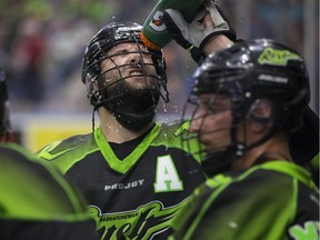 Saskatchewan Rush defense Kyle Rubisch pours water on his head during the championship game against the Georgia Swarm at SaskTel Centre in Saskatoon on Saturday, June 10, 2017