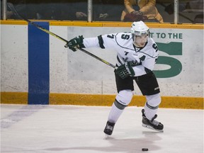 Huskies forward Josh Roach goes to shoot the puck during play at Rutherford Rink in Saskatoon, SK on Friday, November 17, 2017.