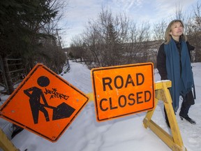 Saskatoon city Coun. Cynthia Block stands on Cherry Lane on Friday, Dec. 8, 2017. Two of the properties on 11th Street, which back Cherry Lane, have won their assessment appeals, which could mean lower property taxes for all properties affected by the slumping.