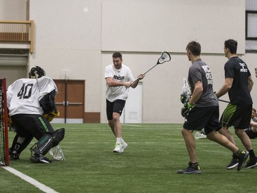 Forward Mark Matthews moves the ball during Saskatchewan Rush training camp at SaskTel Sports Centre in Saskatoon, SK on Saturday, December 9, 2017.