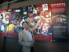 BESTPHOTO - Artistic Director Del Surjik unveils the updated history wall showcasing the past 10 seasons (2007-2017) of Persephone Theatre on its 10th anniversary in its current location in the Remai Arts Centre by River Landing in Saskatoon on December 11, 2017.