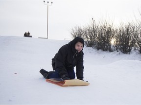 Zyon Acevedo goes sledding down Diefenbaker Hill in Saskatoon on Wednesday, December 27, 2017.