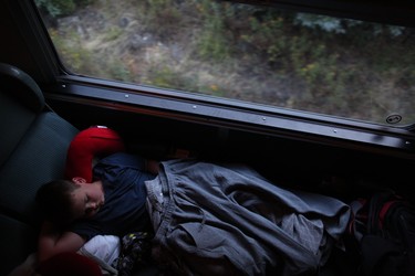 Kaiden Fortin sleeps in a four-person berth on the way to Vancouver.