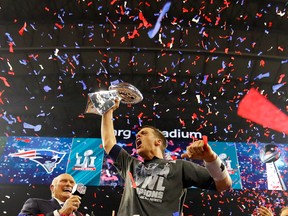 New England Patriots QB Tom Brady celebrates his team's Super Bowl win in Houston on Feb. 5, 2017.