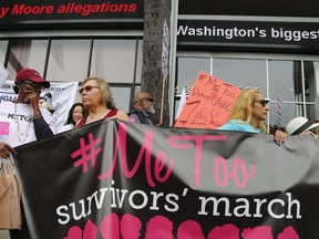 Participants rally outside CNN's Hollywood studios on Sunset Boulevard to take a stand against sexual assault and harassment for the #MeToo March in the Hollywood district of Los Angeles on Nov. 12, 2017. A fundraising event featuring scantily clad women held annually in Saskatoon for 35 years is being discontinued at a time of heightened awareness around gender-based violence and sexual harassment. The controversy comes amid a flood of sexual assault and harassment allegations against some of the most powerful men in Hollywood, politics and the media, with many of those speaking out using the hashtag #metoo.