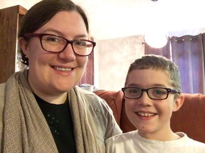 Janae Dawson and her nine-year-old son Alex Nickel of Rosetown, Saskatchewan. His family lost their health insurance coverage for Orkambi, a drug that would help him manage his cystic fibrosis. She wants the provincial government to cover the expensive drug. Photo provided.