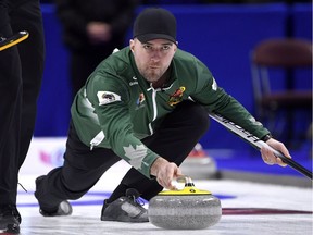 Team Laycock skip Steve Laycock throws a rock at the 2017 Roar of the Rings Canadian Olympic Curling Trials in Ottawa on Saturday, Dec. 2, 2017.