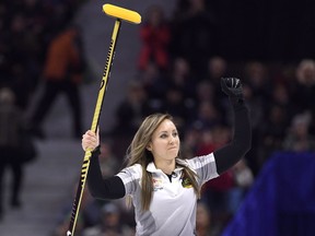 Skip Rachel Homan of Ottawa, Ont. celebrates after her throw in the tenth end to defeat Team Jones during the women's semifinal at the 2017 Roar of the Rings Canadian Olympic Trials in Ottawa on Saturday, Dec. 9, 2017.
