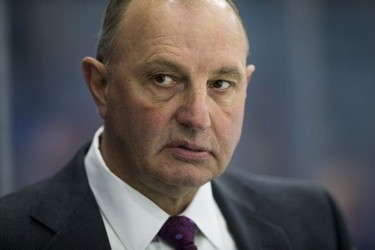 Red Deer Rebels head coach Brent Sutter looks on as his team takes on the Saskatoon Blades during first period WHL action in Saskatoon, SK on Friday, January 5, 2017.