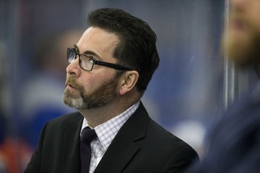 Saskatoon Blades head coach Dean Brockman looks on as his team takes on the Red Deer Rebels during first period WHL action in Saskatoon, SK on Friday, January 5, 2017.