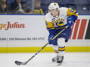 Bradley Goethals had one of the Saskatoon Blades' three goals Friday in a 5-3 loss.